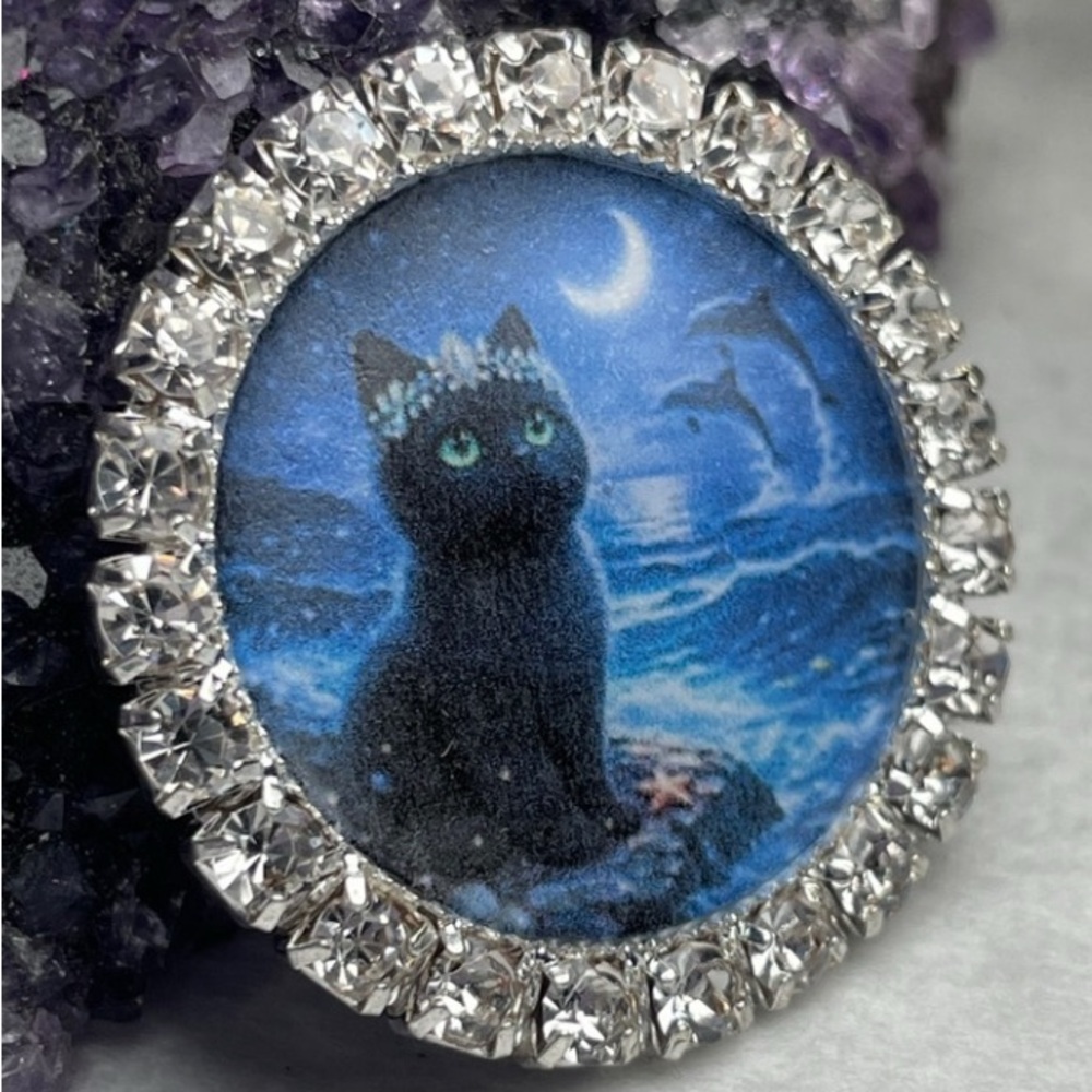 2/$20 Moonlit Black Cat - Blue Artisan Magnet Or Brooch, Your Choice